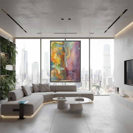 Sala moderna 2025 com póster artístico colorido