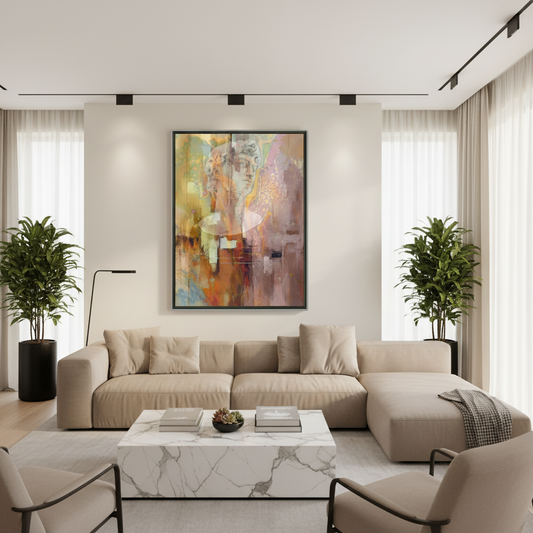 Sala moderna com póster abstrato figuras clássicas