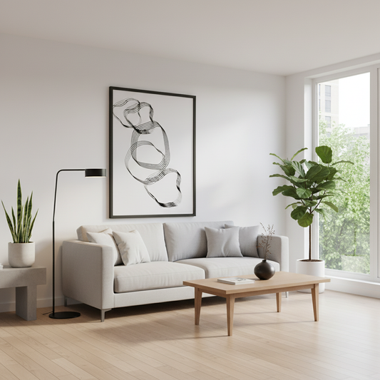 Sala moderna com póster abstrato linhas fluidas