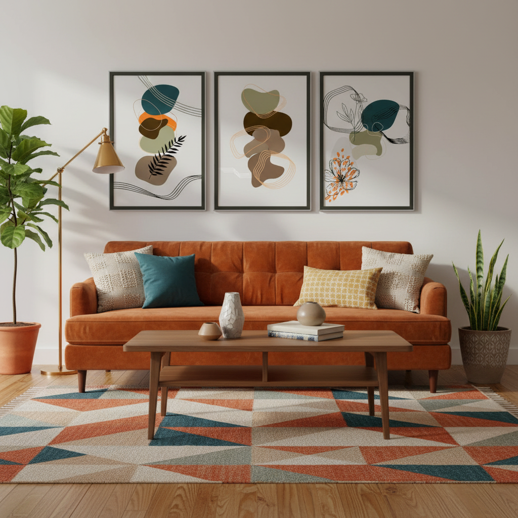 Sala acolhedora mid-century com três pósters