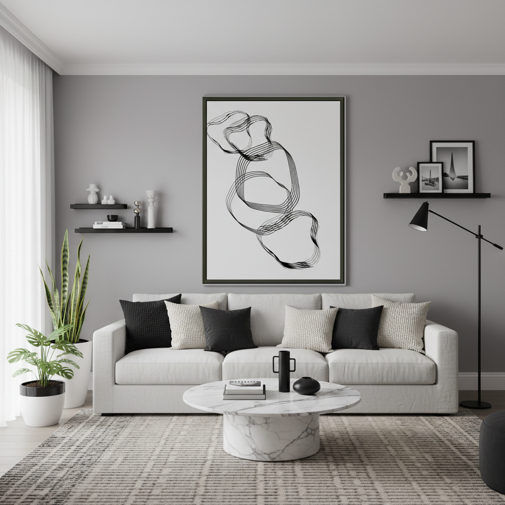 Sala contemporânea com póster abstrato linhas fluidas - versão 2