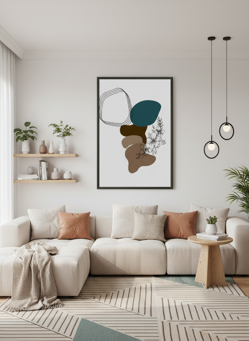 Sala contemporânea com póster arte abstrata botânica
