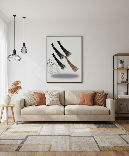 Sala contemporânea com póster de pincéis