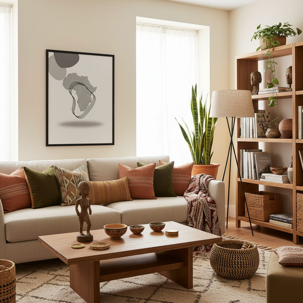 Sala contemporânea com póster mapa de África - versão 2