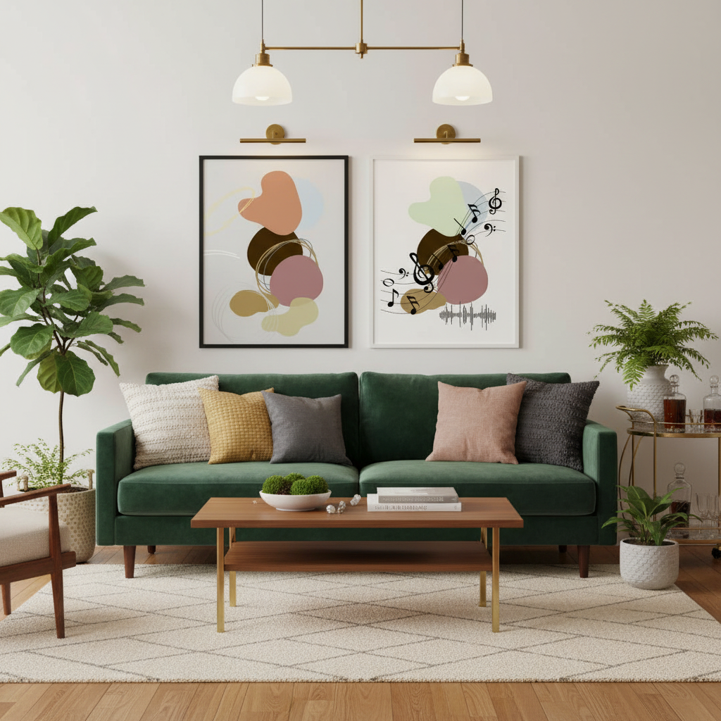 Sala elegante e acolhedora com dois pósters