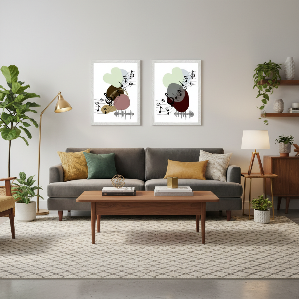 Sala elegante e acolhedora com dois quadros musicais