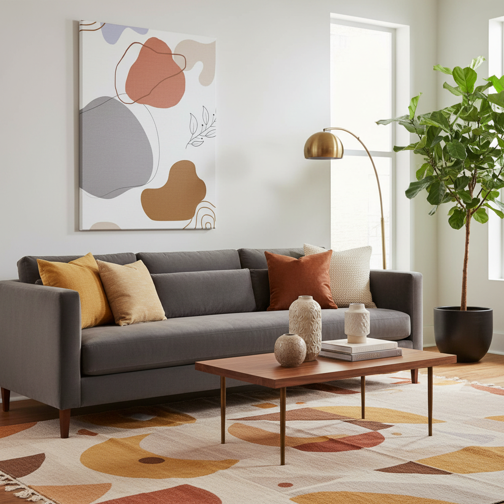 Sala elegante mid-century com tela canvas