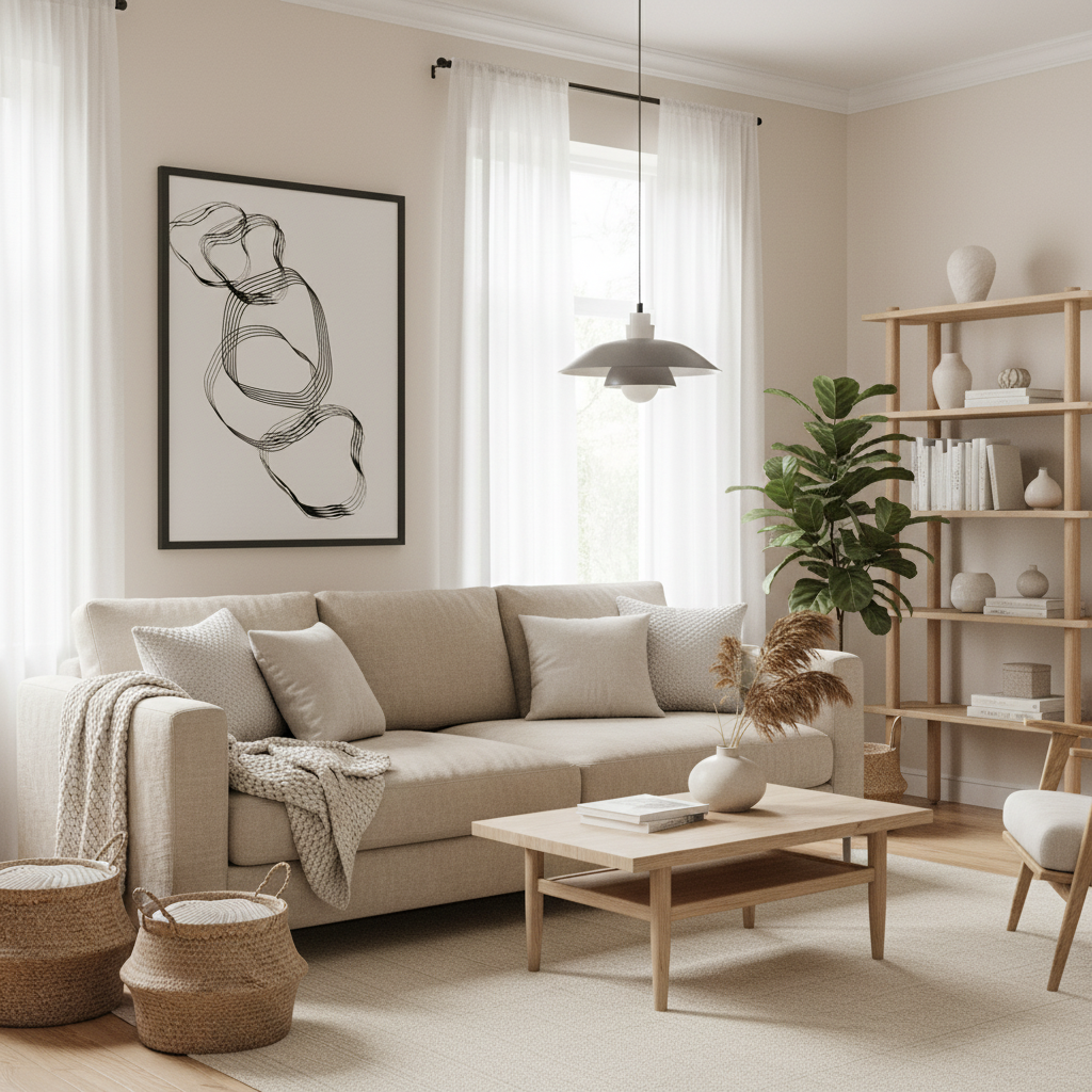 Sala escandinava com póster abstrato linhas fluidas - versão 3