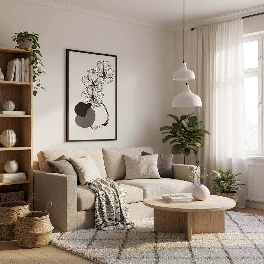 Sala escandinava com póster floral minimalista - versão 2