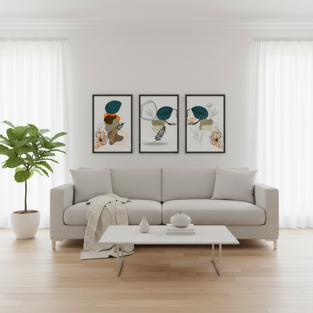 Sala escandinava luminosa com três pósters