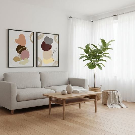 Sala luminosa escandinava com dois quadros