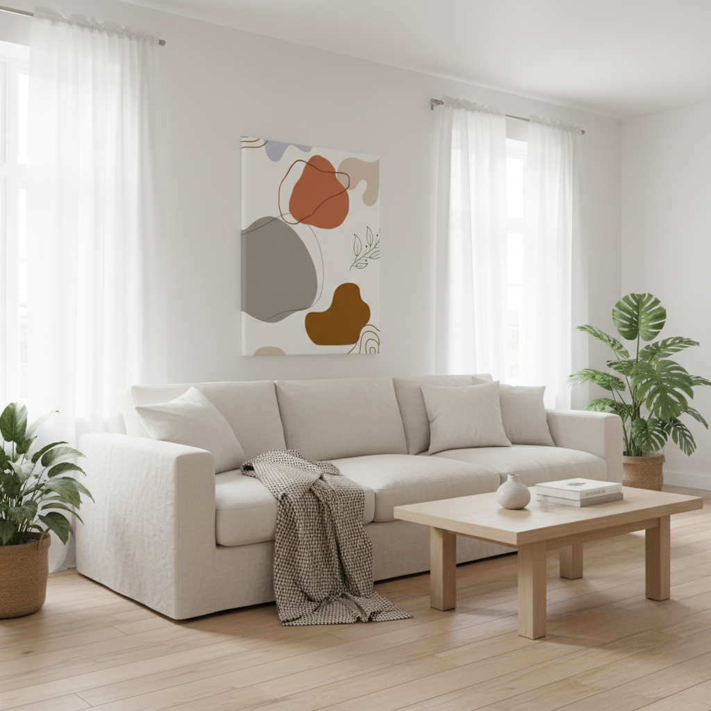 Sala minimalista luminosa com tela canvas