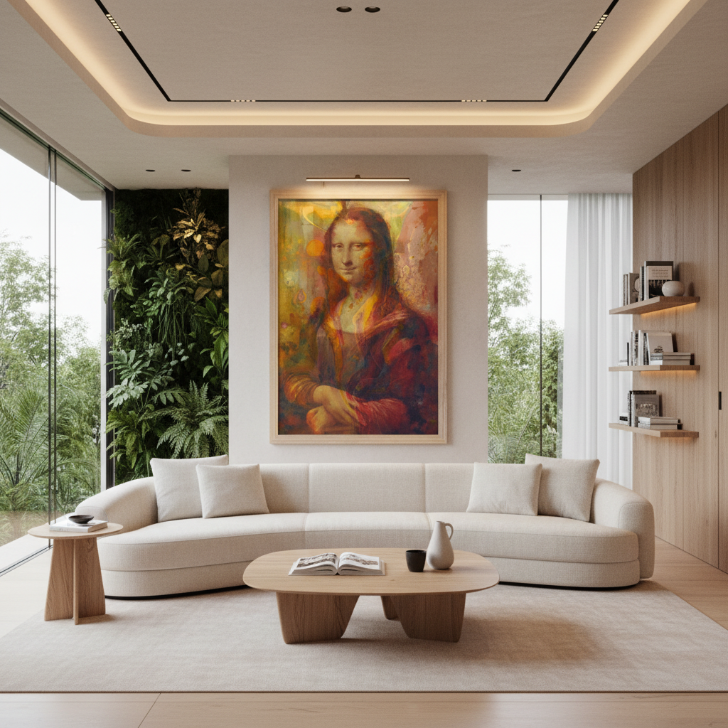 Sala moderna 2025 com Mona Lisa colorida moldura madeira natural