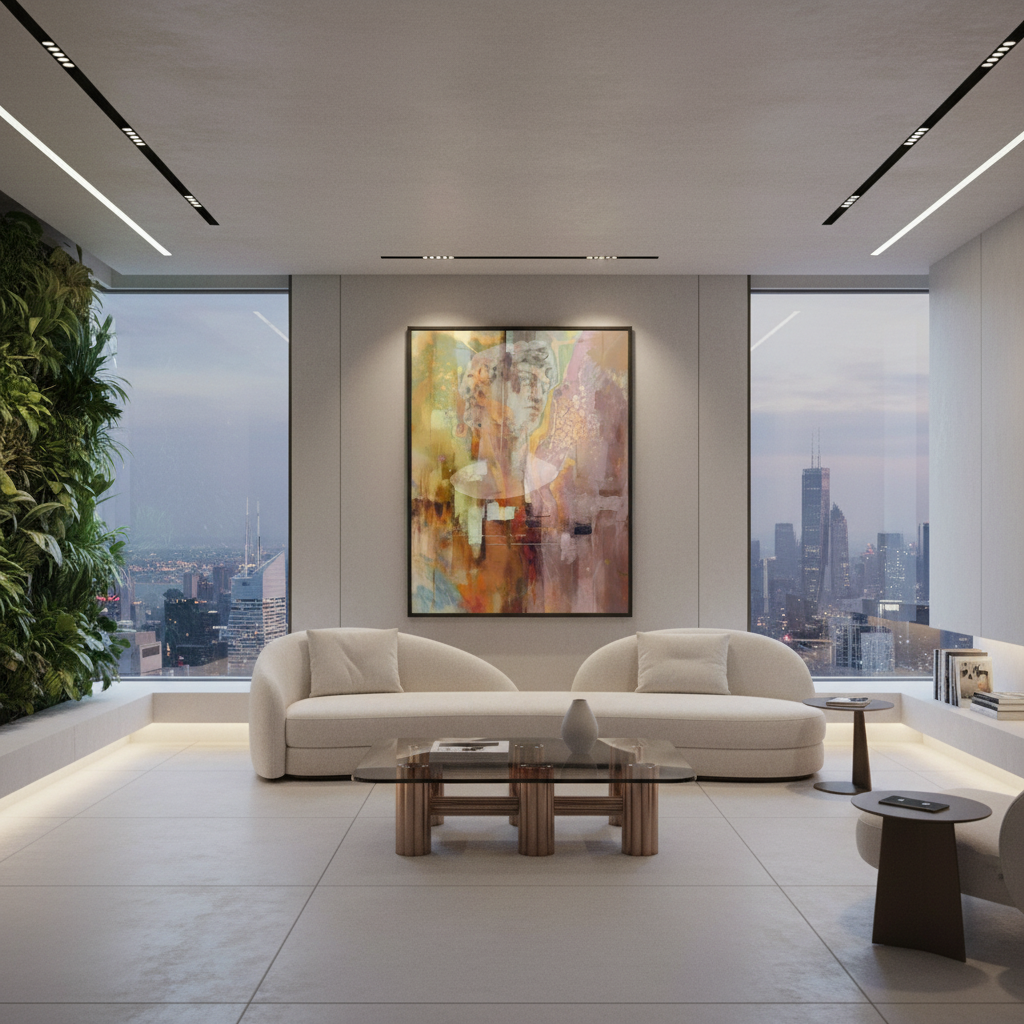 Sala moderna 2025 com póster abstrato figuras clássicas