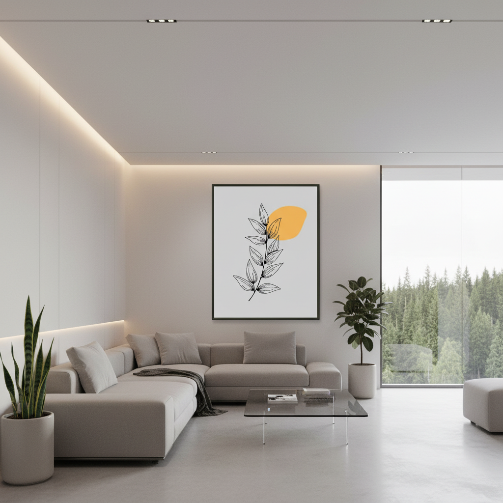 Sala moderna 2025 com póster botânico minimalista