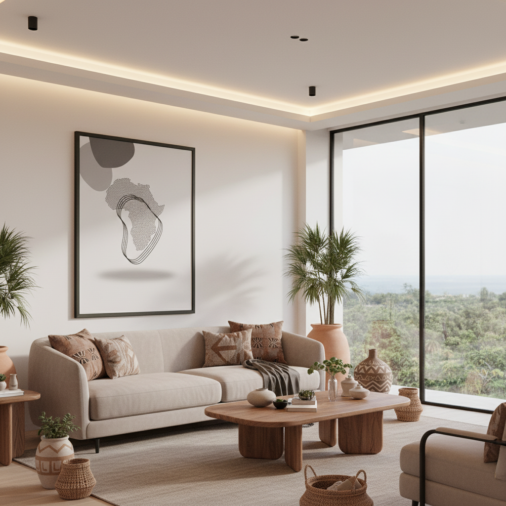 Sala moderna 2025 com póster mapa de África