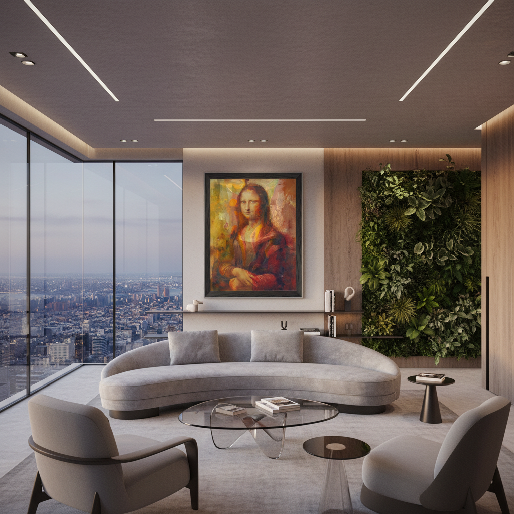 Sala moderna 2025 com póster Mona Lisa colorida