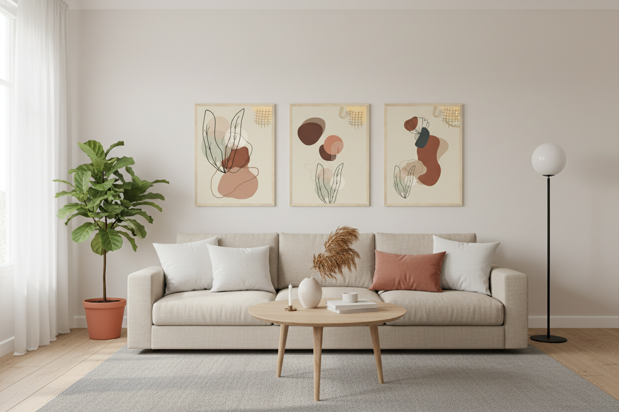 Sala moderna com conjunto de 3 quadros botânicos