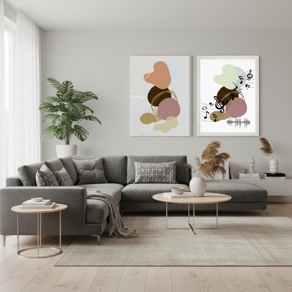 Sala moderna com dois pósters