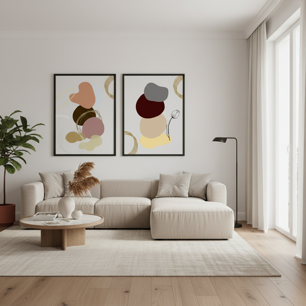 Sala moderna com dois quadros abstratos