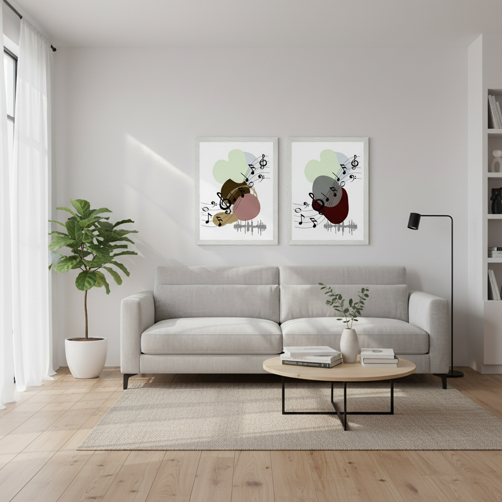 Sala moderna com dois quadros musicais