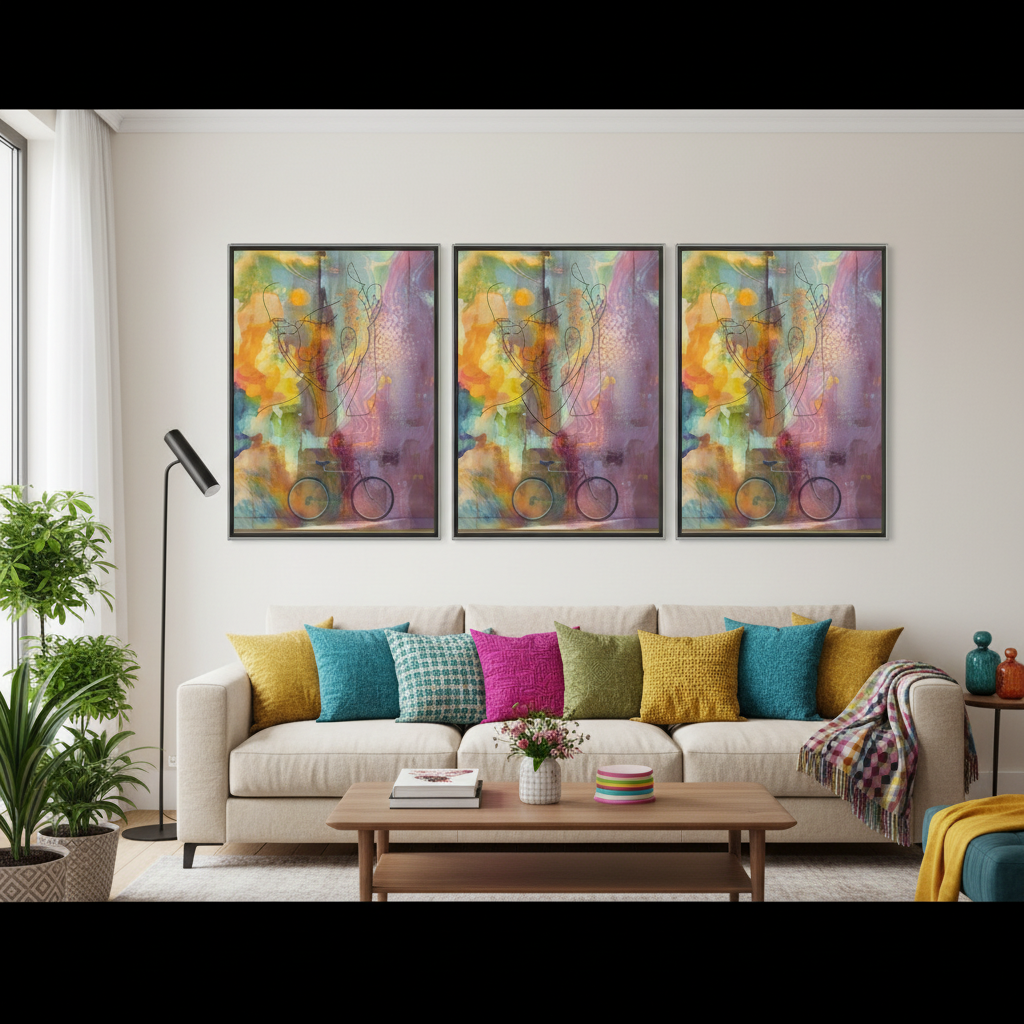 Sala moderna com galeria de três pósters artísticos coloridos