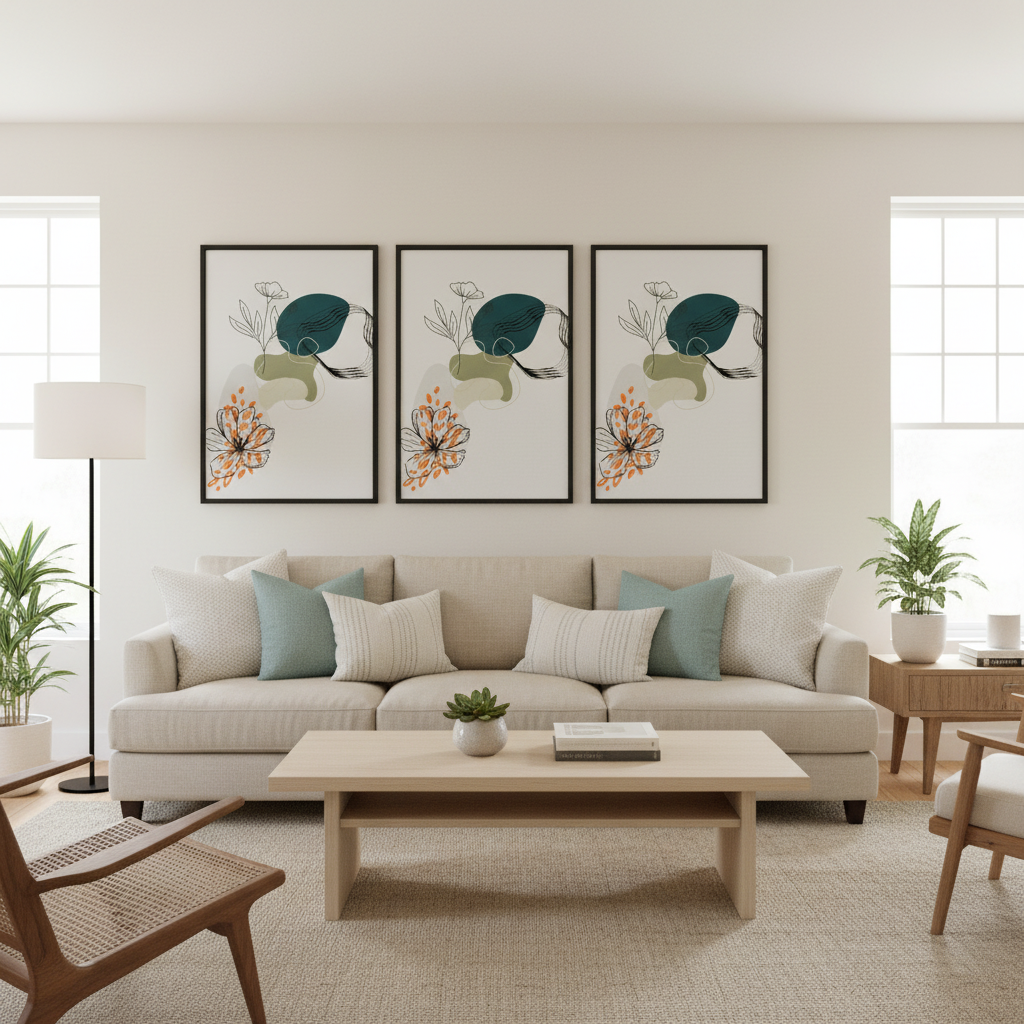 Sala moderna com galeria de três pósters florais botânicos