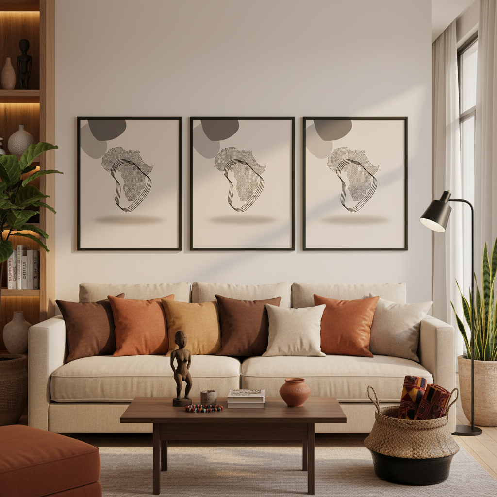 Sala moderna com galeria de três pósters mapa de África
