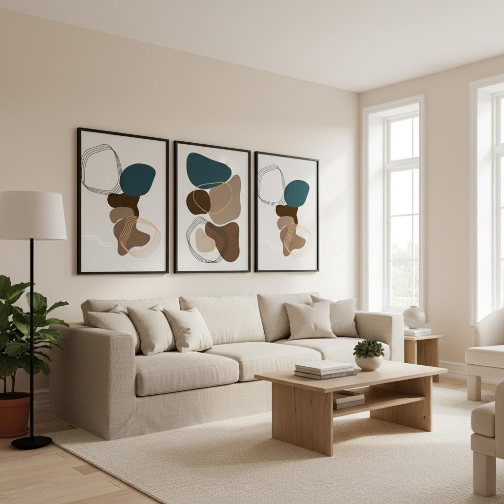 Sala moderna com galeria de três pósters