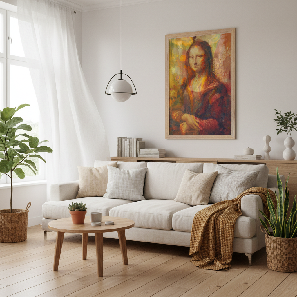 Sala moderna com Mona Lisa colorida moldura madeira natural - versão 2