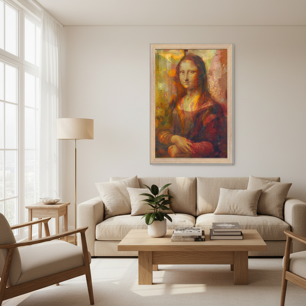 Sala moderna com Mona Lisa colorida moldura madeira natural