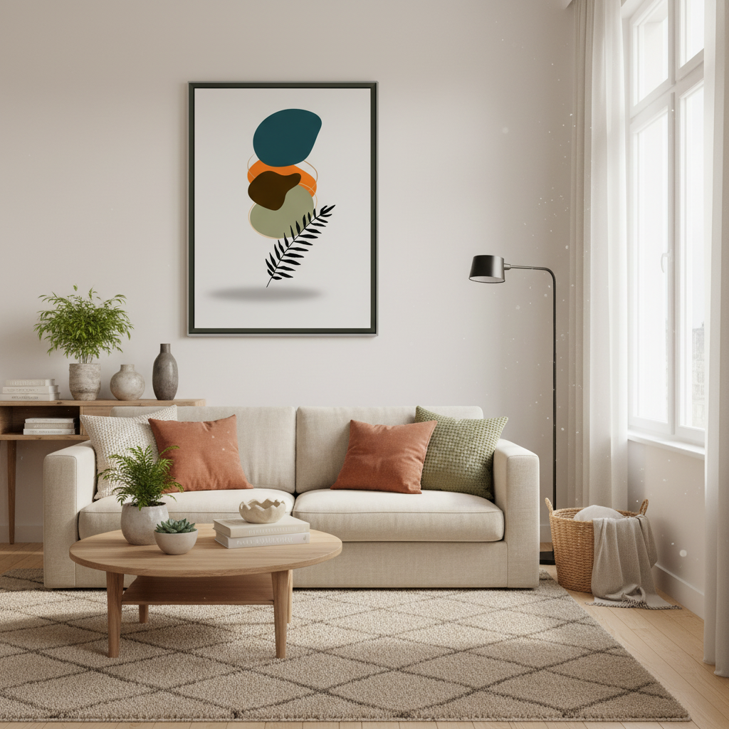 Sala moderna com póster abstrato botânico - versão 2