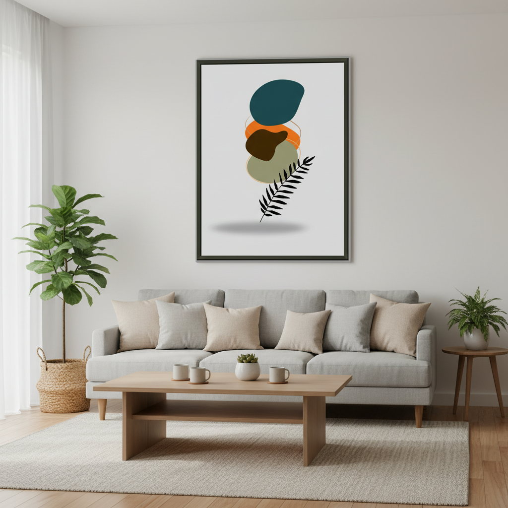 Sala moderna com póster abstrato botânico