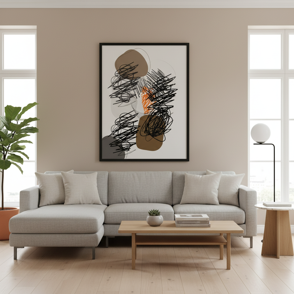 Sala moderna com póster abstrato