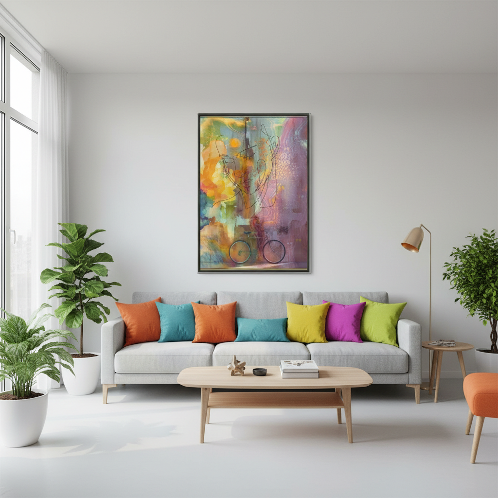 Sala moderna com póster artístico colorido