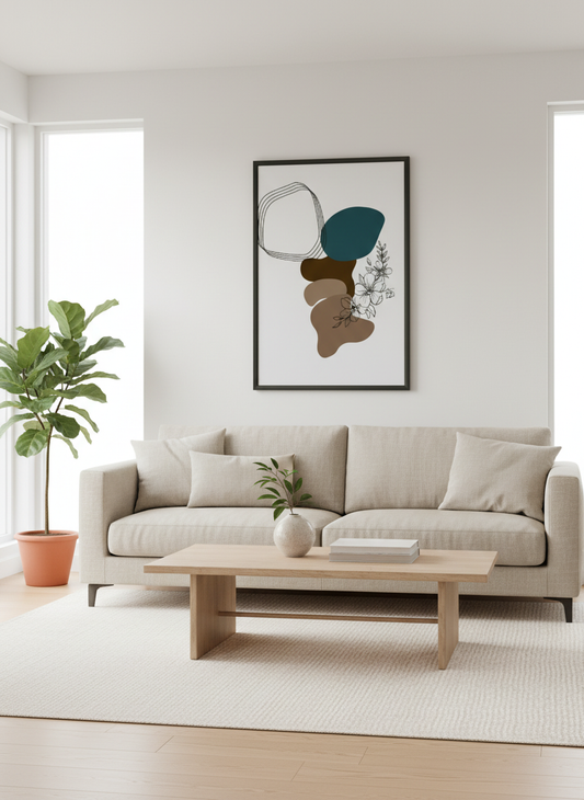 Sala moderna com póster arte abstrata botânica