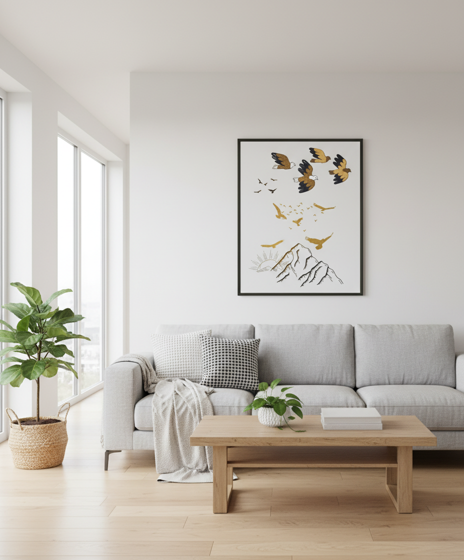 Sala moderna com póster de pássaros e montanhas
