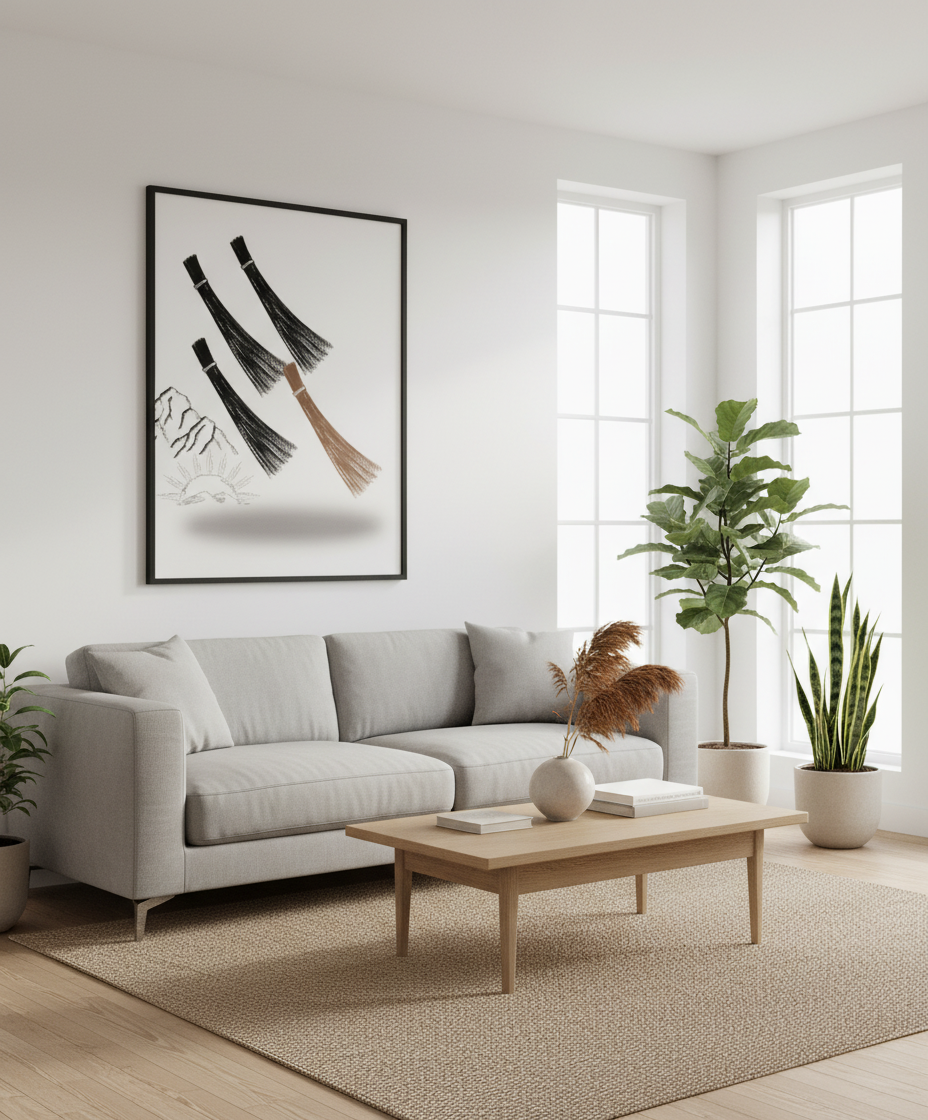 Sala moderna com póster de pincéis