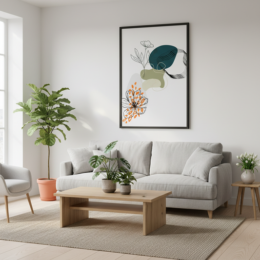 Sala moderna com póster floral botânico