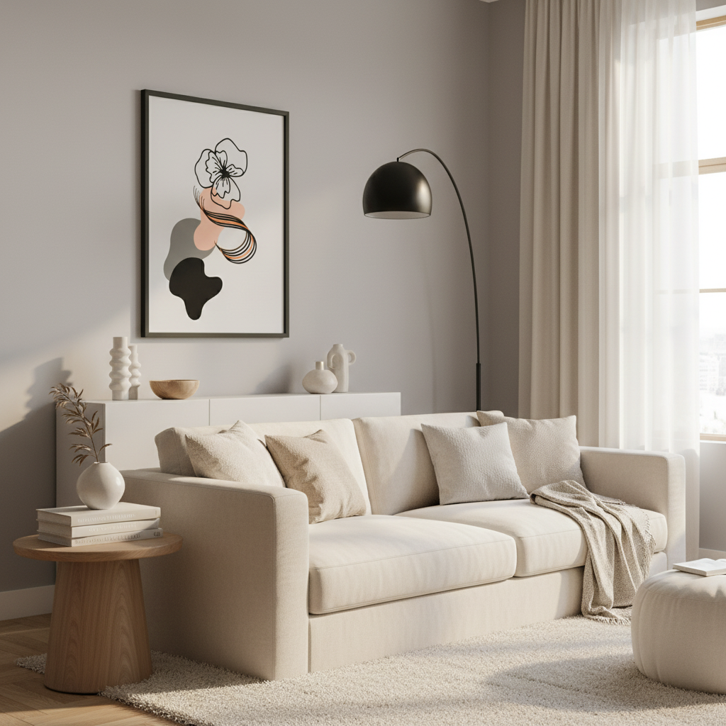 Sala moderna com póster floral minimalista - versão 2