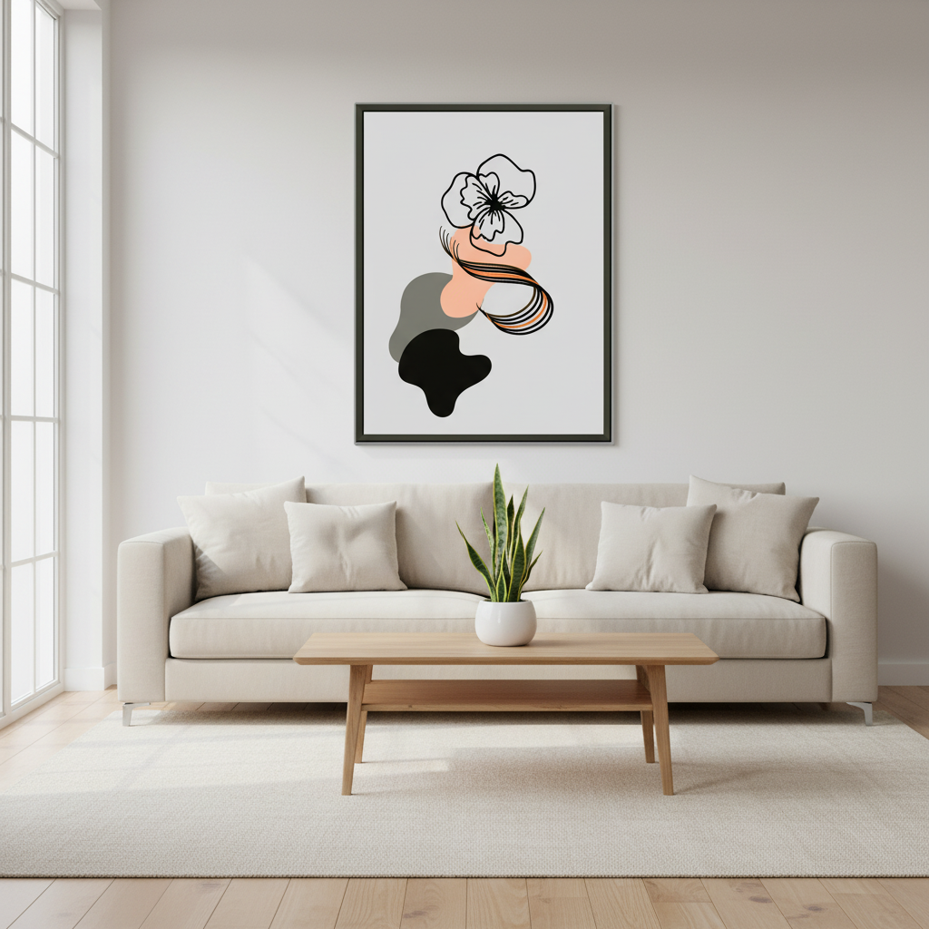 Sala moderna com póster floral minimalista