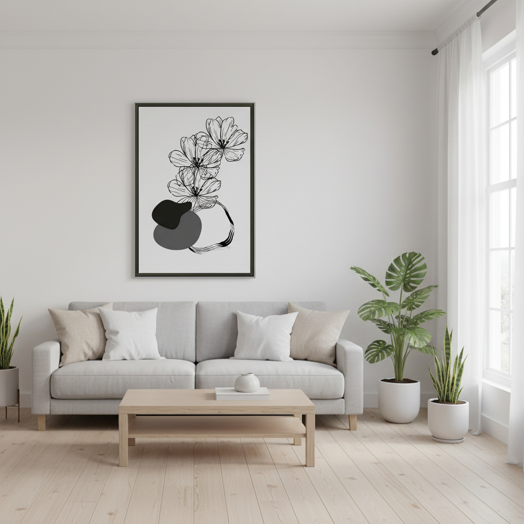 Sala moderna com póster floral minimalista