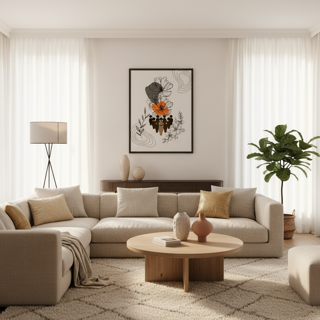 Sala moderna com póster floral - versão 2