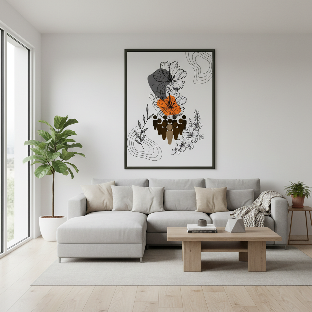 Sala moderna com póster floral
