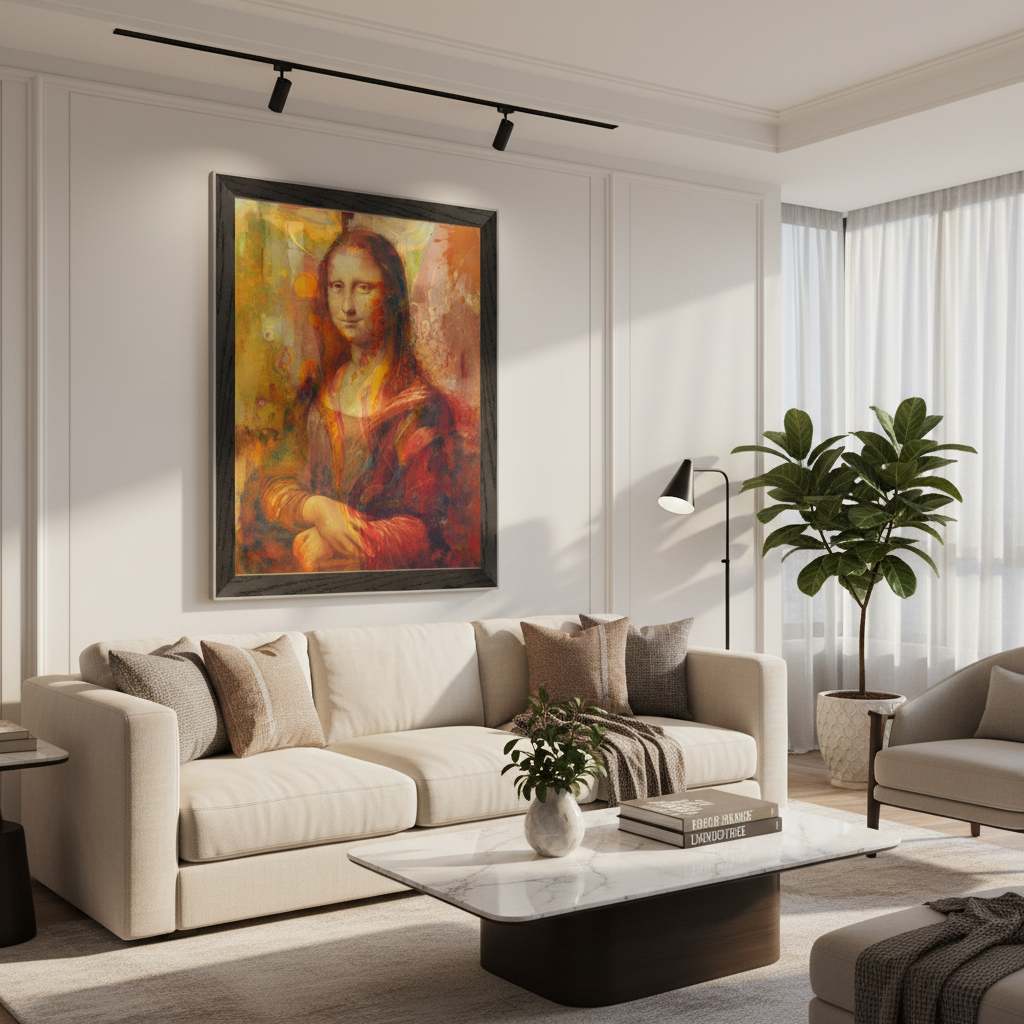Sala moderna com póster Mona Lisa colorida