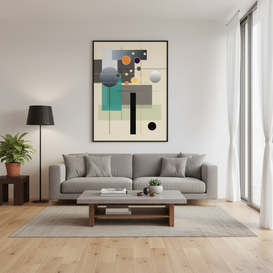 Sala moderna com poster geométrico turquesa e laranja