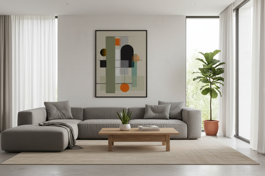 Sala moderna com poster geométrico