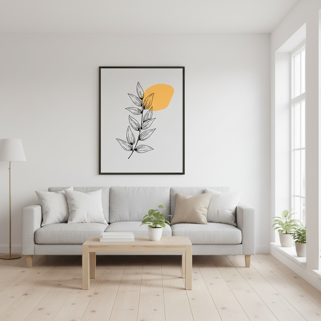 Sala moderna minimalista com póster botânico