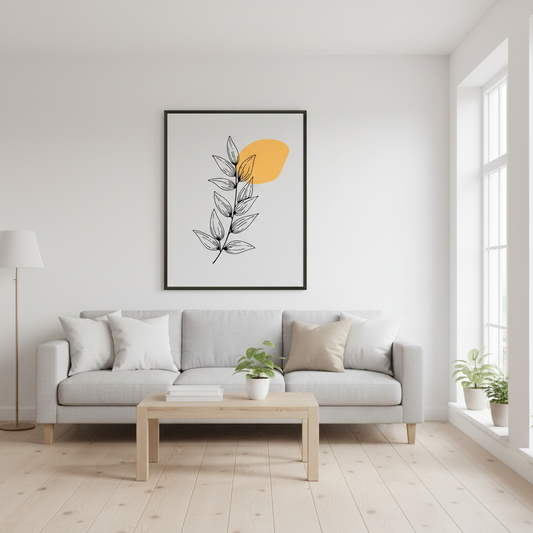 Sala moderna minimalista com póster botânico